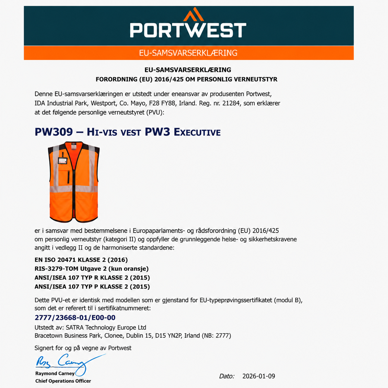 PW309 – Hi-Vis Vest PW3 Executive – oransje/svart