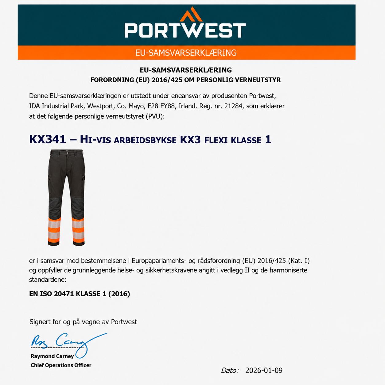 KX341 – Hi-Vis Arbeidsbukse KX3 Flexi Klasse 1 – svart/oransje