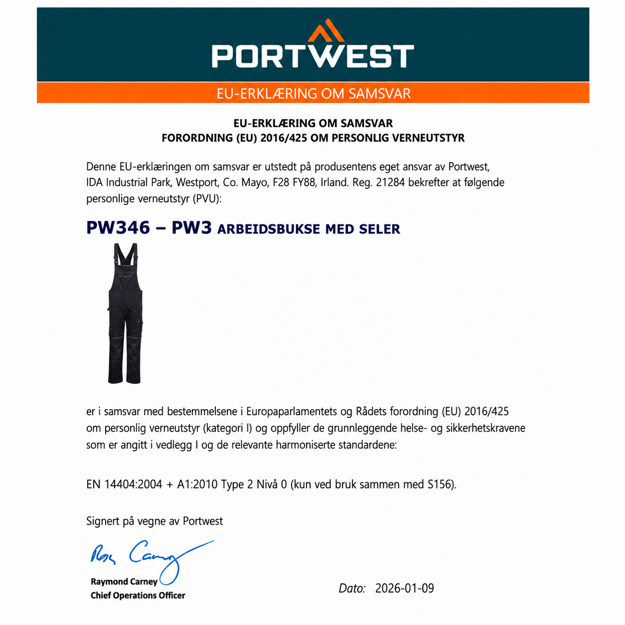 PW346 – PW3 arbeidsbukse med seler – svart