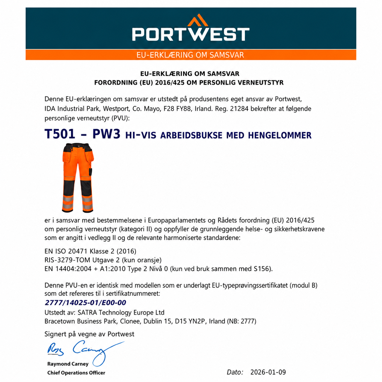 PW3 Hi-Vis arbeidsbukse med hengelommer – oransje/svart (T501)