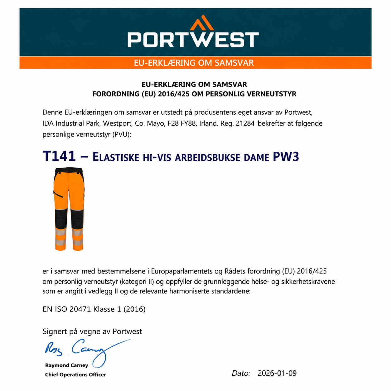 T141 – Elastiske Hi-Vis arbeidsbukse dame PW3 – oransje/svart
