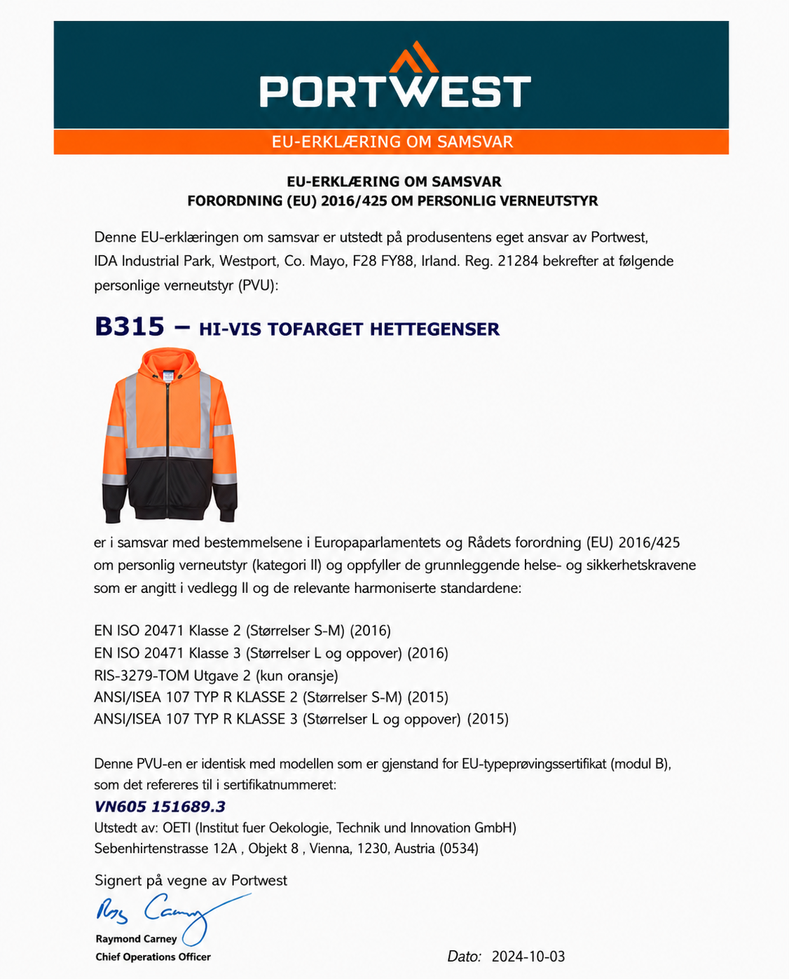 B315 – Tofarget Hi-Vis hettegenser med glidelås – oransje/svart