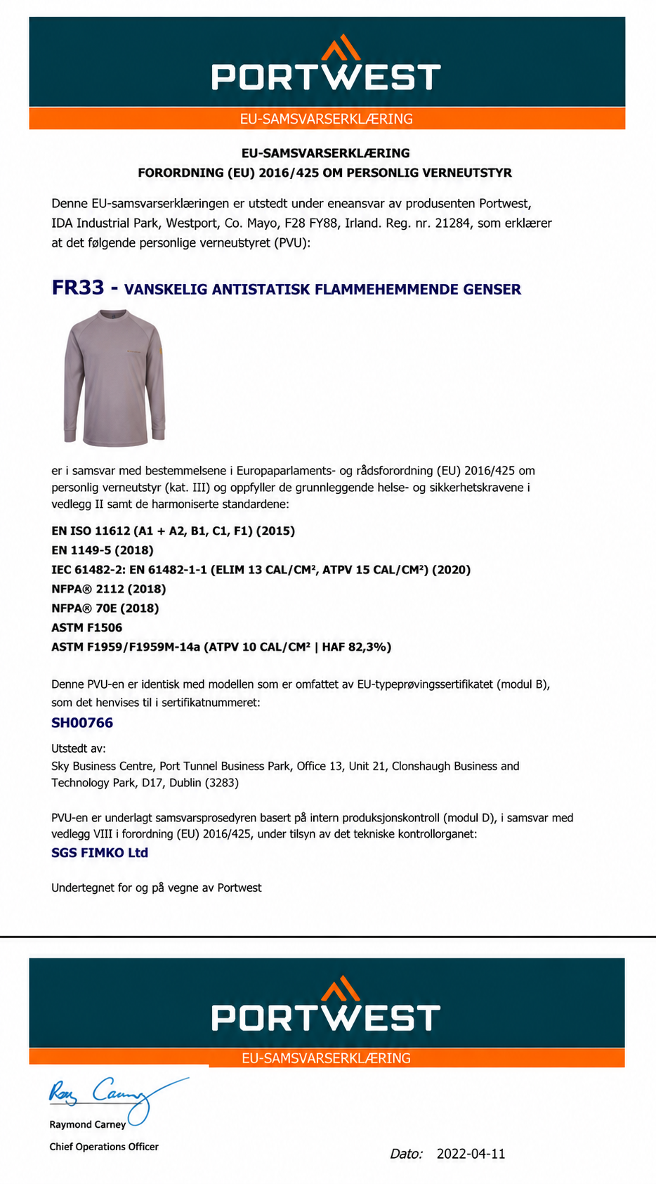 FR33 – Flammehemmende og Antistatisk T-skjorte med Rund Hals