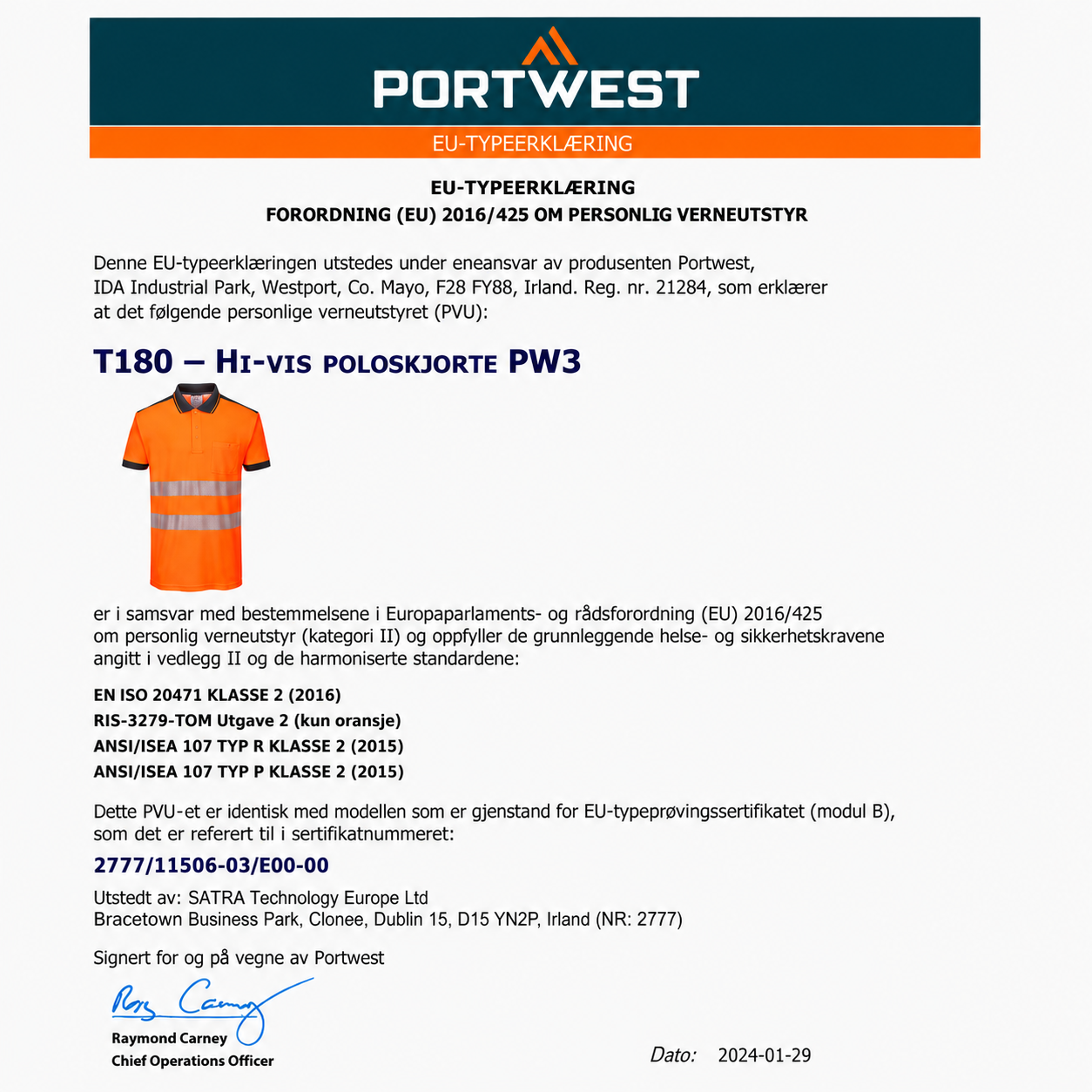 T180 – Hi-Vis Poloskjorte PW3 – oransje/svart