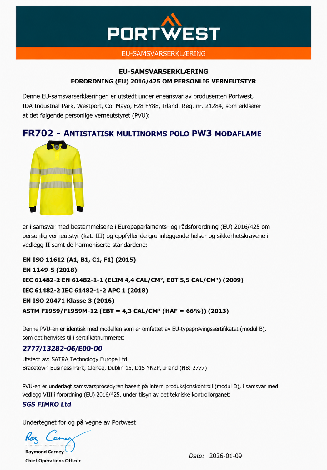 FR702 – PW3 FR Modaflame Hi-Vis Poloskjorte