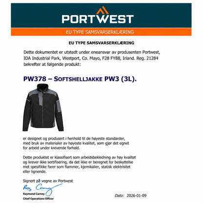Softshelljakke PW3 (3L) – svart/grå (PW378)