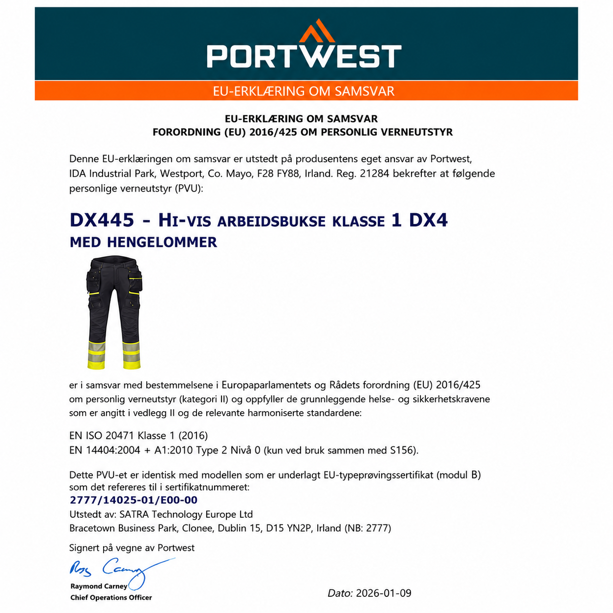 DX445 – Hi-Vis arbeidsbukse Klasse 1 DX4 med hengelommer – svart/gul