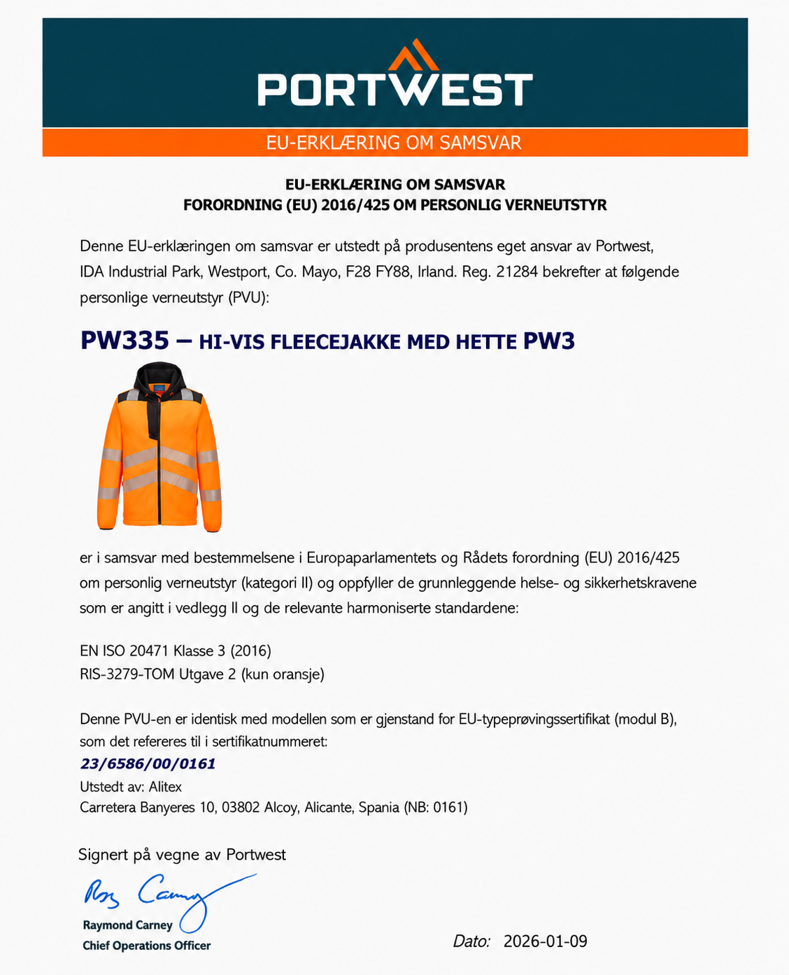PW335 – PW3 Hi-Vis fleecejakke med hette – oransje/svart