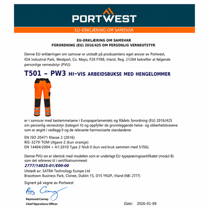 PW3 Hi-Vis arbeidsbukse med hengelommer – oransje/svart (T501)