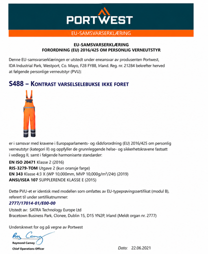 S488 – Kontrast snekkerbukse med høy synlighet (ikke foret)
