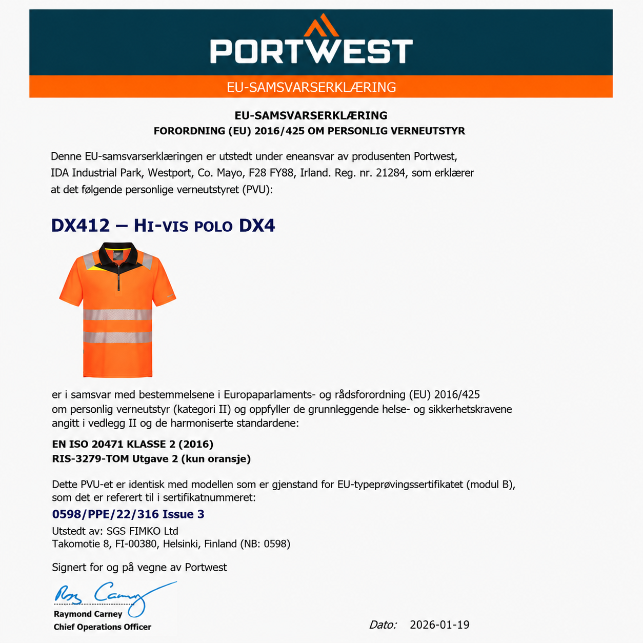 DX412 – Hi-Vis Polo DX4 – oransje/svart