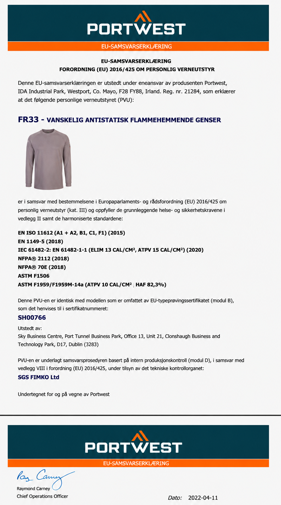FR32 – Flammehemmende og Antistatisk Henley-skjorte