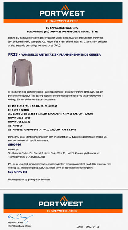 FR32 – Flammehemmende og Antistatisk Henley-skjorte
