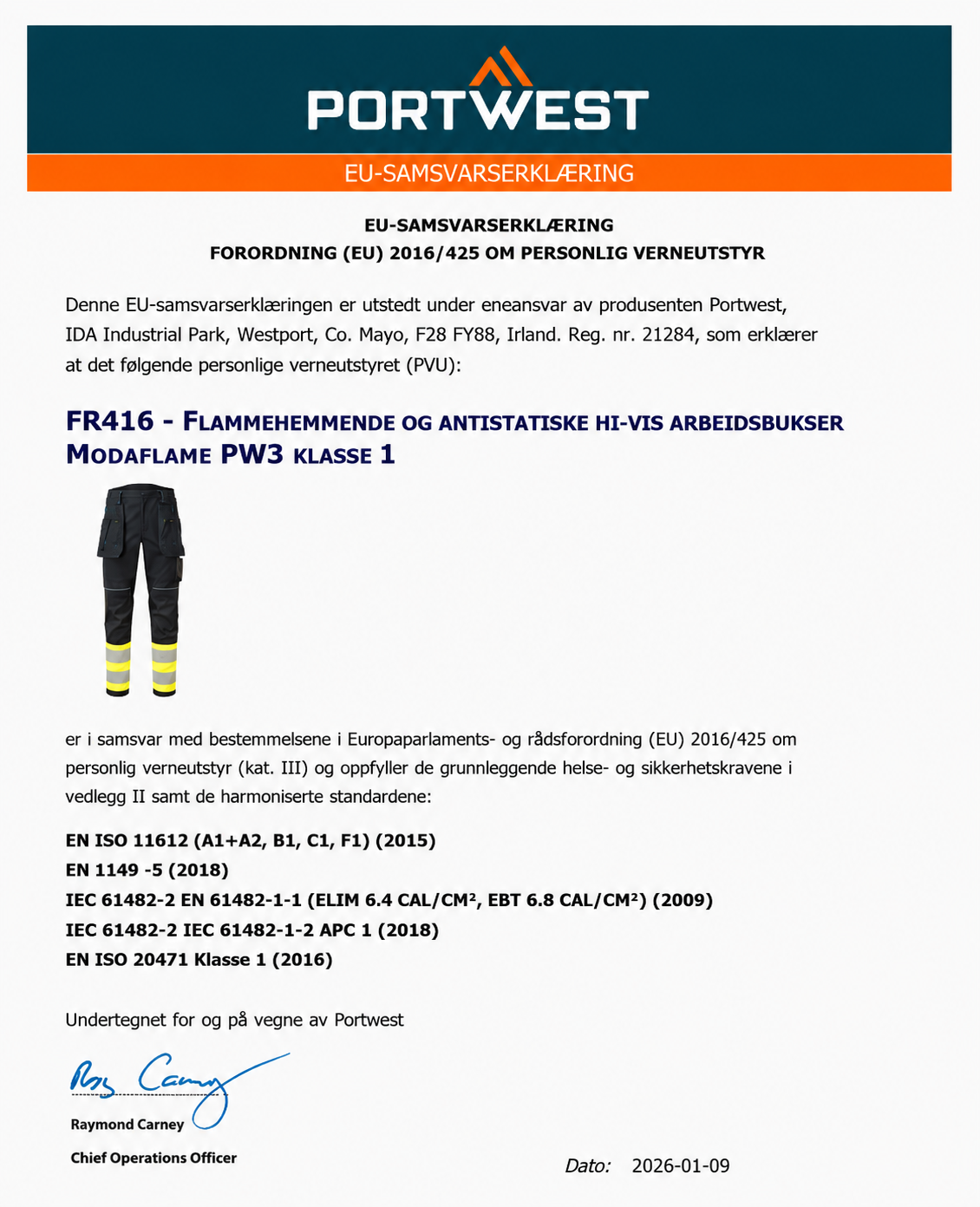 FR416 – Flammehemmende og antistatiske Hi-Vis Arbeidsbukser Modaflame PW3 Klasse 1 – gul/svart