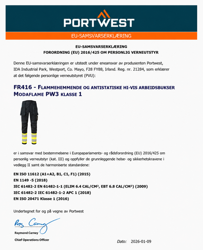 FR416 – Flammehemmende og antistatiske Hi-Vis Arbeidsbukser Modaflame PW3 Klasse 1 – gul/svart