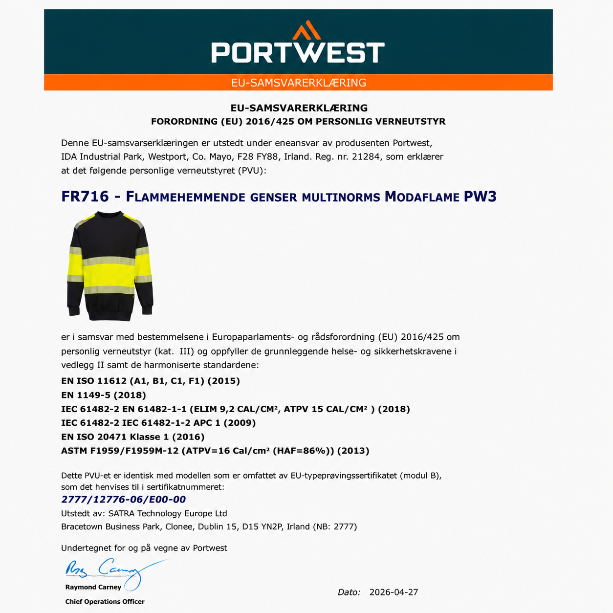 FR716 – PW3 Hi-Vis FR Klasse 1 Genser