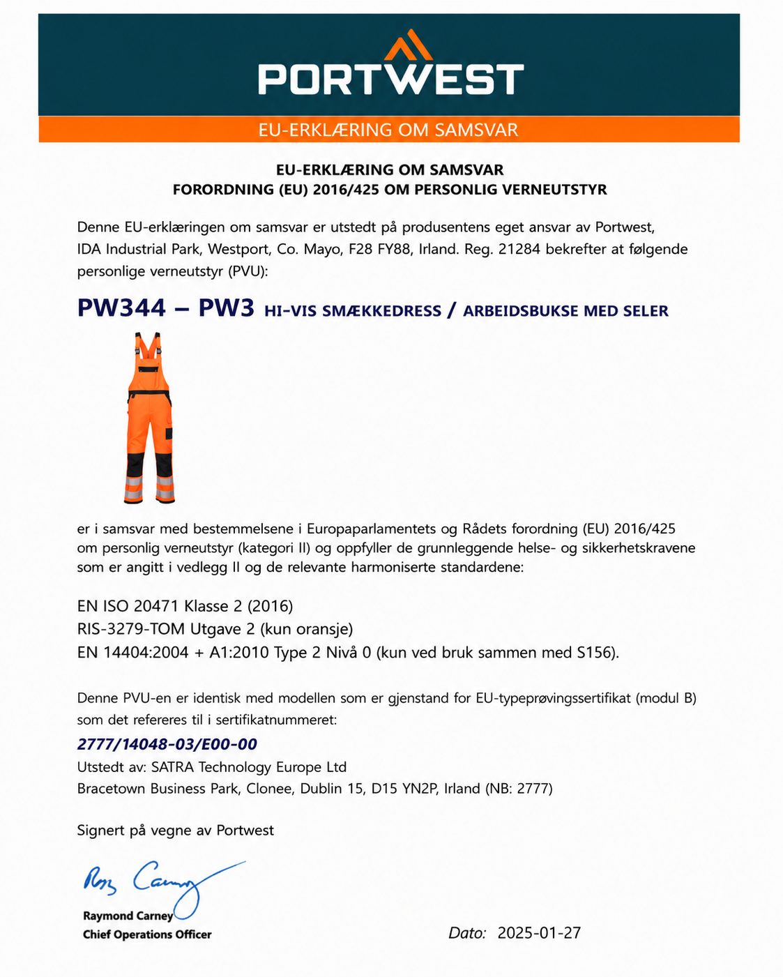 PW344 – PW3 Hi-Vis smekkedress / arbeidsbukse med seler – oransje/svart