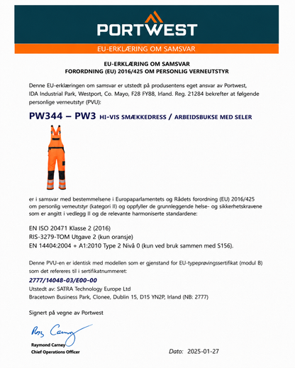PW344 – PW3 Hi-Vis smekkedress / arbeidsbukse med seler – oransje/svart