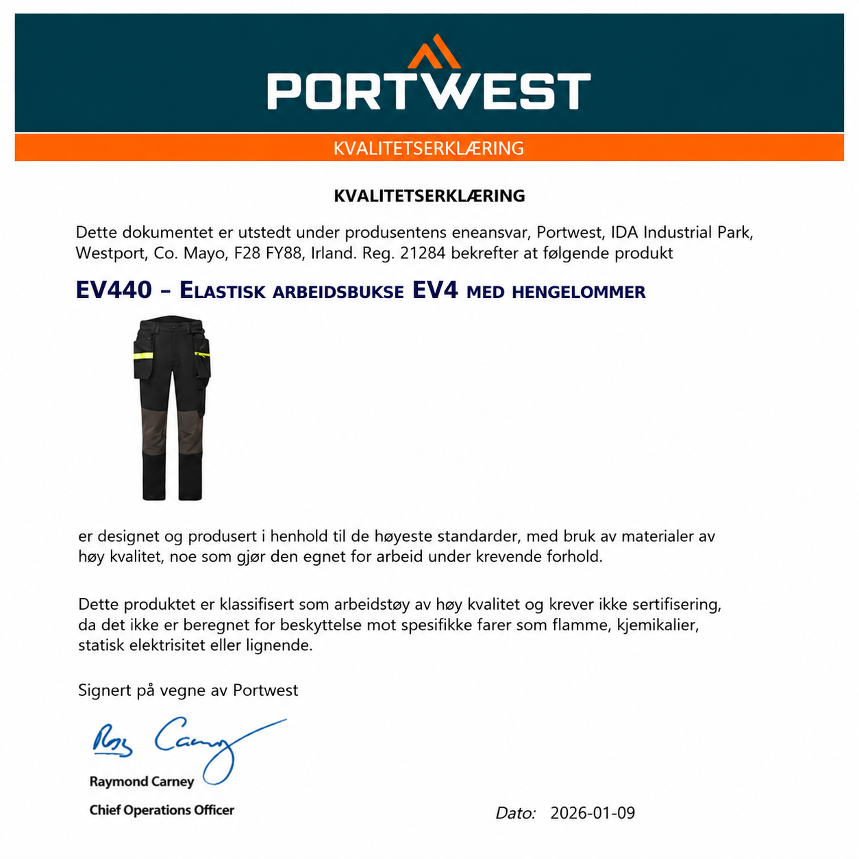 EV4 elastisk arbeidsbukse med hengelommer – svart (EV440)