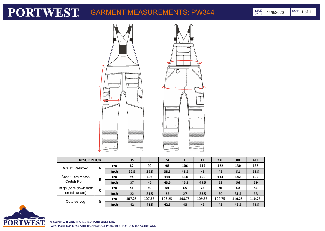 PW344 – PW3 Hi-Vis smekkedress / arbeidsbukse med seler – oransje/svart