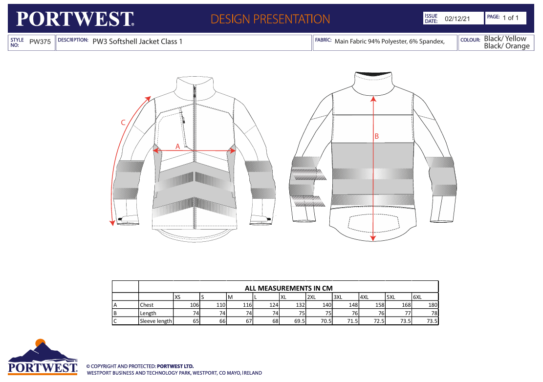 Hi-Vis Softshelljakke PW3 Klasse 1 – svart/oransje (PW375)