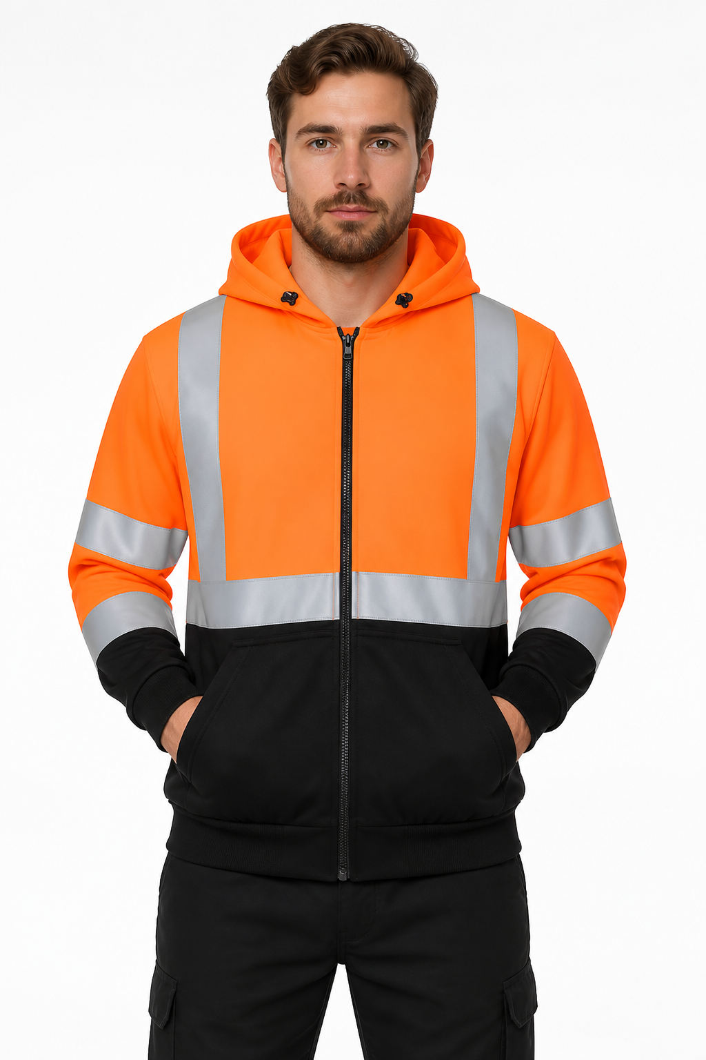 B315 – Hi-Vis hettegenser med glidelås – oransje/svart