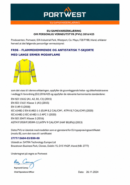 FR96 – Flammehemmende og Antistatisk Hi-Vis Langermet T-skjorte