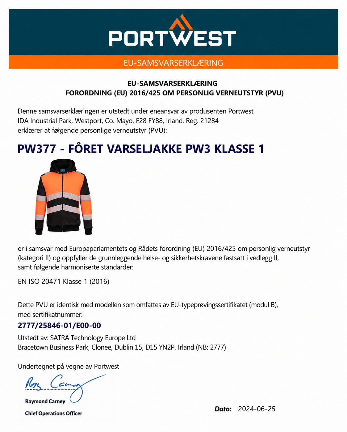 PW377 – VATTERT VARSEL HETTEGENSER PW3 KLASSE 1 Oransje/Gul
