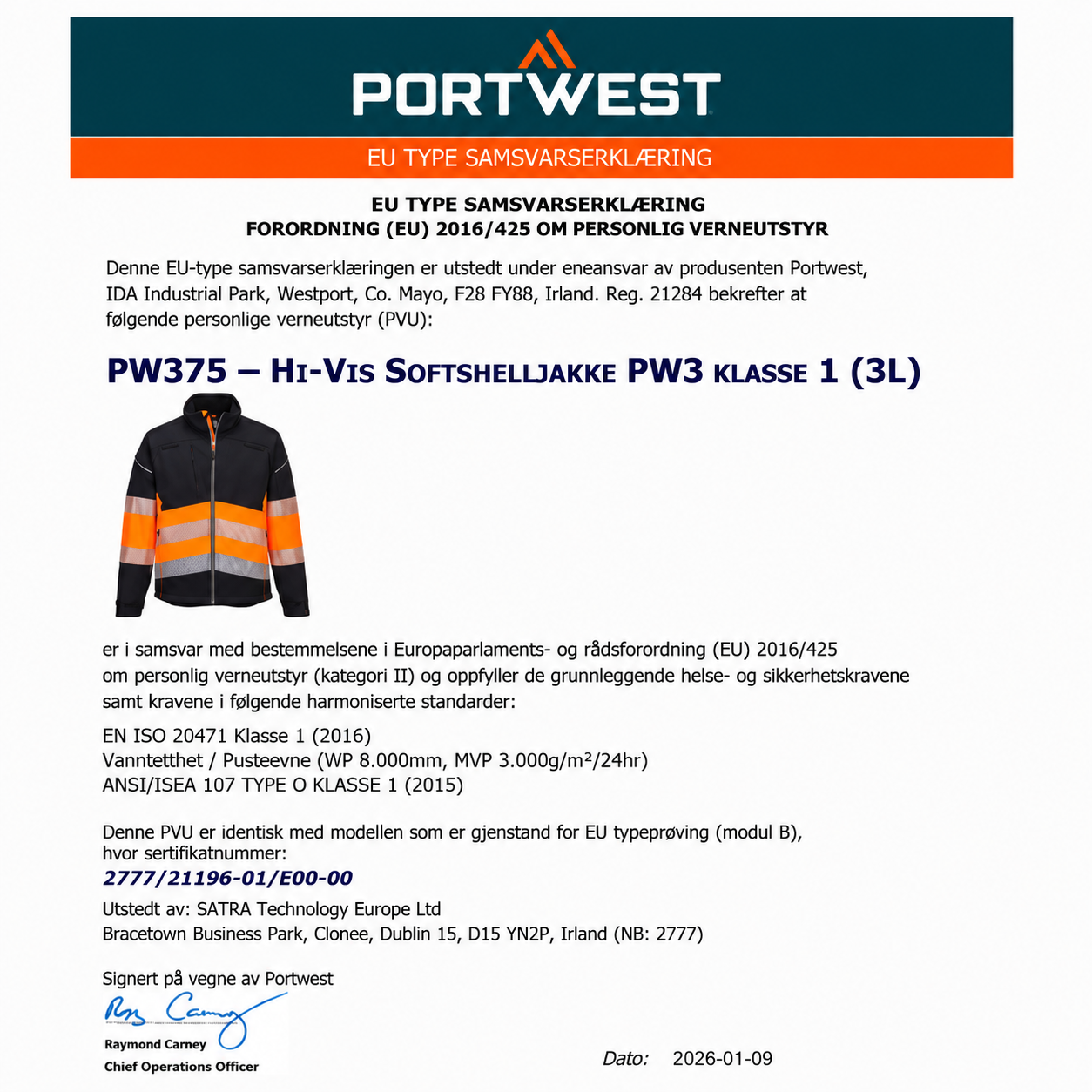 Hi-Vis Softshelljakke PW3 Klasse 1 – svart/oransje (PW375)