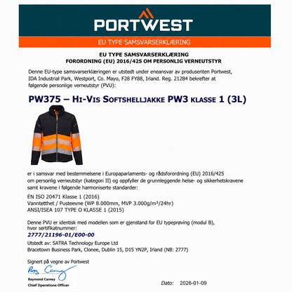 Hi-Vis Softshelljakke PW3 Klasse 1 – svart/oransje (PW375)