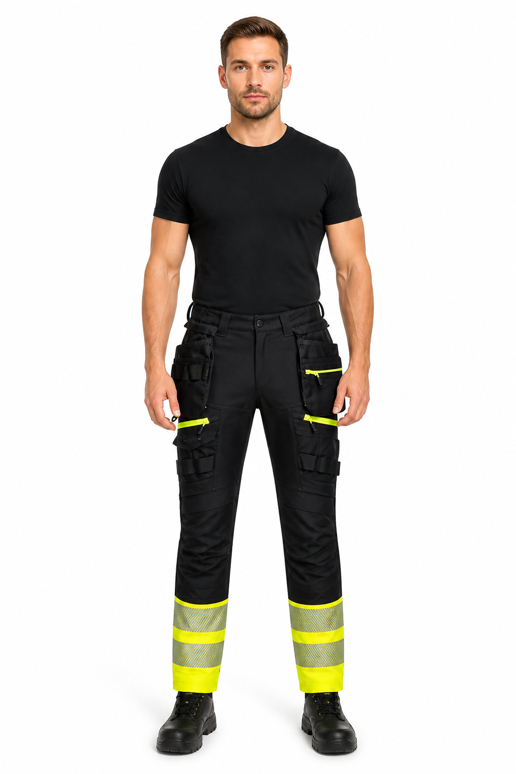 DX445 – Hi-Vis arbeidsbukse Klasse 1 DX4 med hengelommer – svart/gul