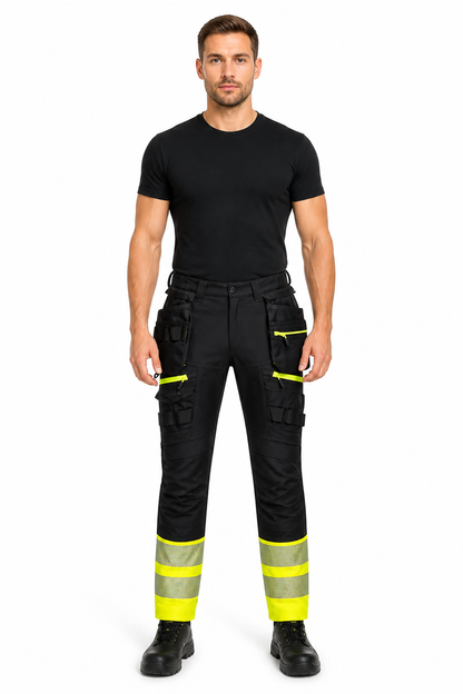 DX445 – Hi-Vis arbeidsbukse Klasse 1 DX4 med hengelommer – svart/gul