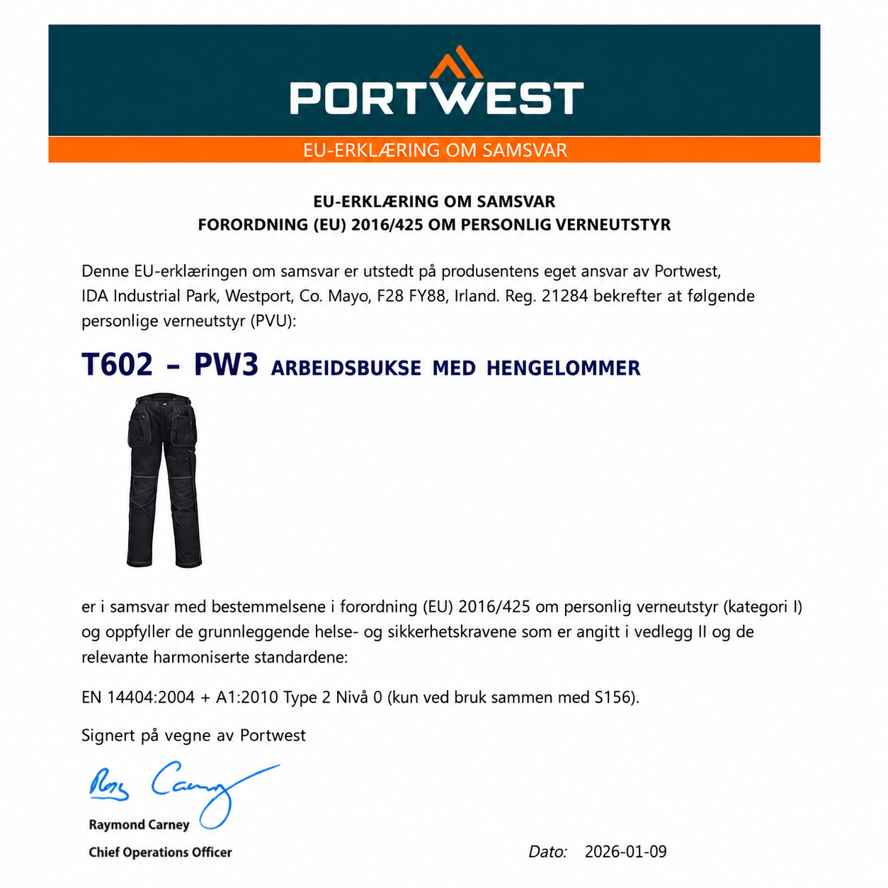 PW3 arbeidsbukse med hengelommer – svart (T602)