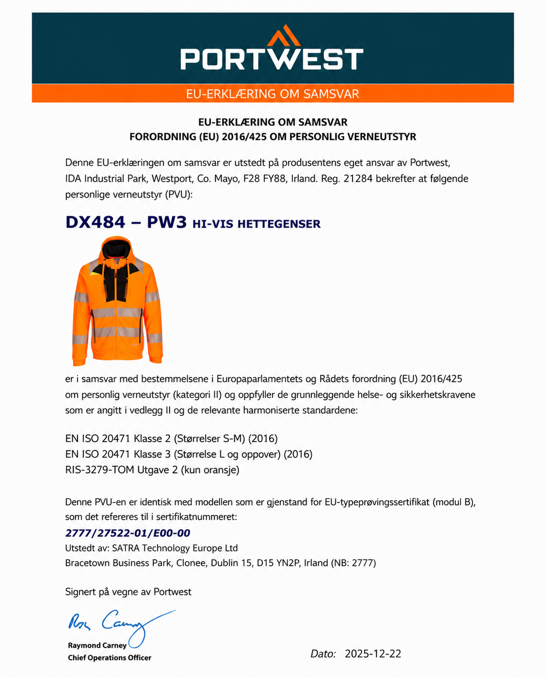 DX484 – PW3 Hi-Vis hettegenser – oransje/svart
