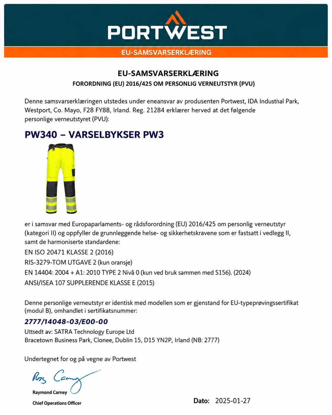 PW340 – PW3 varselarbeidsbukser
