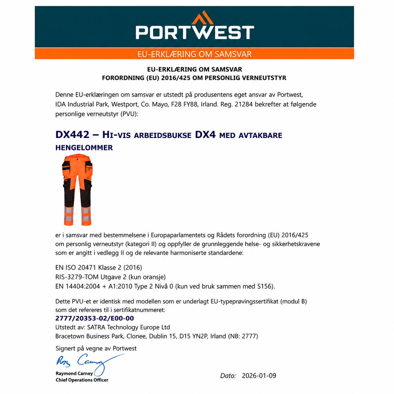 DX442 – Hi-Vis arbeidsbukse DX4 med avtakbare hengelommer – oransje/svart