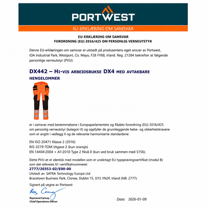 DX442 – Hi-Vis arbeidsbukse DX4 med avtakbare hengelommer – oransje/gul